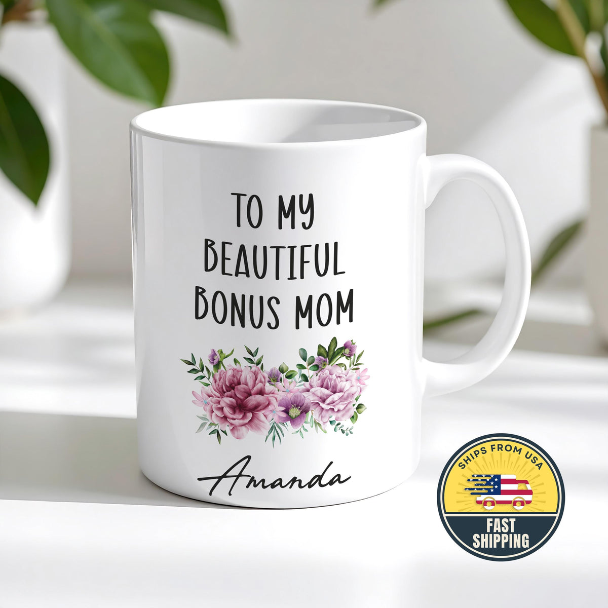 Custom Floral Bonus Mom Mug, Stepmom Mothers Day Gift, Mother’s Day Coffee Mug