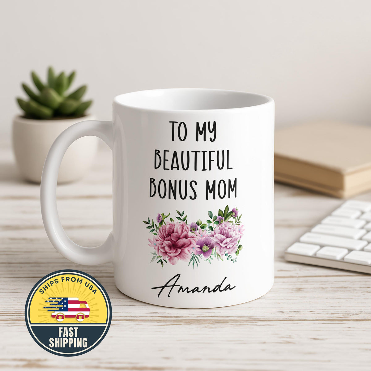 Custom Floral Bonus Mom Mug, Stepmom Mothers Day Gift, Mother’s Day Coffee Mug
