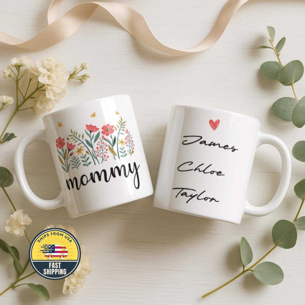 Mommy Mug with Kids Names, Floral Mom Coffee Mug, Personalized Wildflower Momy Mug