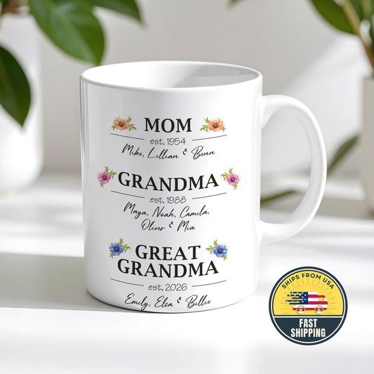Personalized Mom Grandma Great Grandma Mug, Custom Family Names Coffee Mug