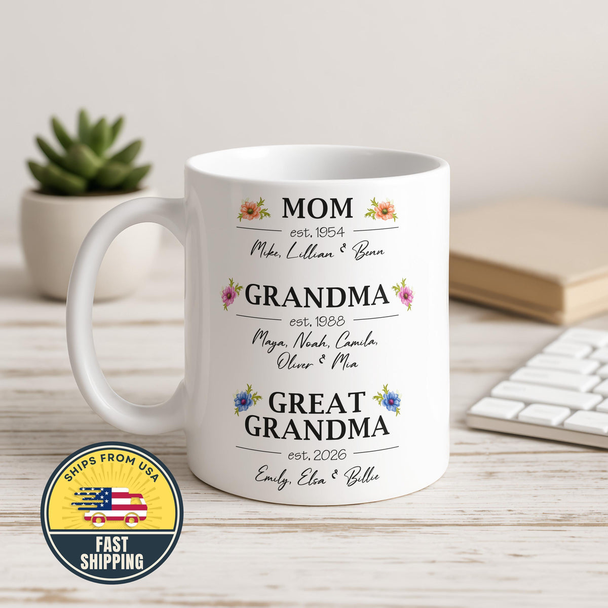 Personalized Mom Grandma Great Grandma Mug, Custom Family Names Coffee Mug