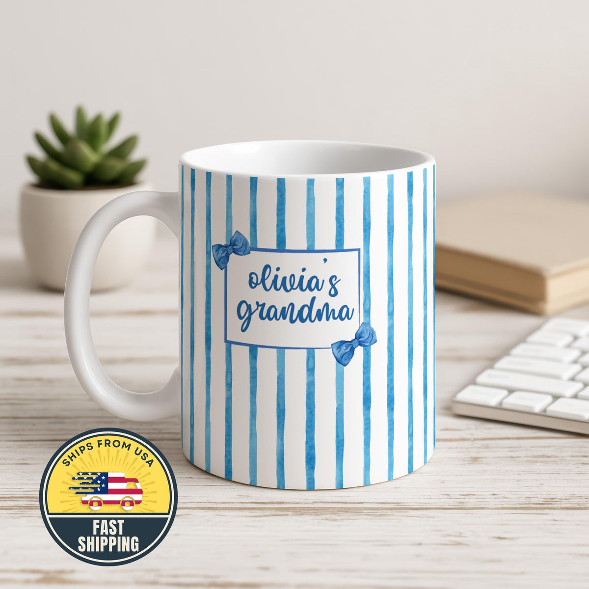 Custom Blue Coquette Grandma Mug, Blue Bow Ceramic Coffee Mug, Personalized Grandma Cup