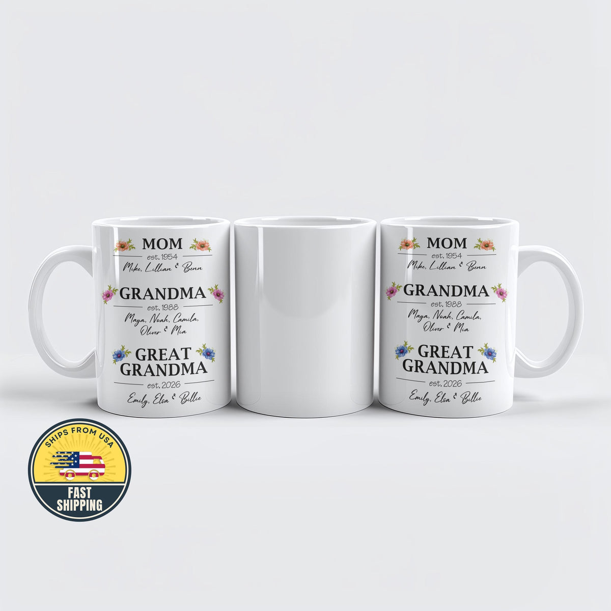 Personalized Mom Grandma Great Grandma Mug, Custom Family Names Coffee Mug