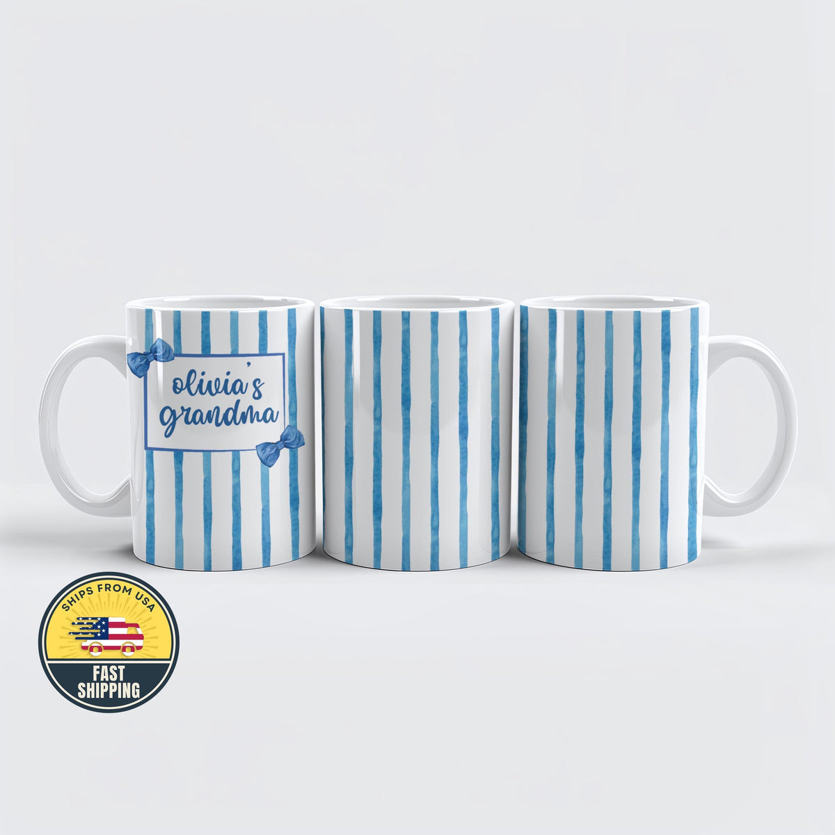 Custom Blue Coquette Grandma Mug, Blue Bow Ceramic Coffee Mug, Personalized Grandma Cup