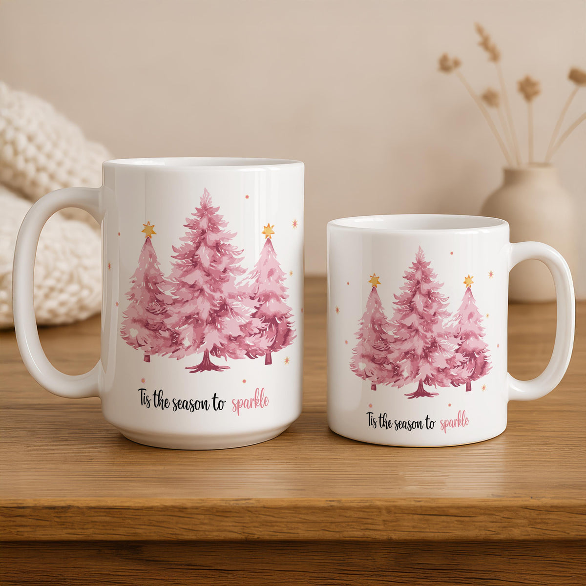 Season to Sparkle Mug, Pink Christmas Tree Coffee Cup, Watercolor Holiday Drinkware
