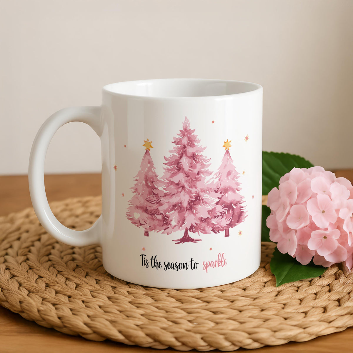 Season to Sparkle Mug, Pink Christmas Tree Coffee Cup, Watercolor Holiday Drinkware