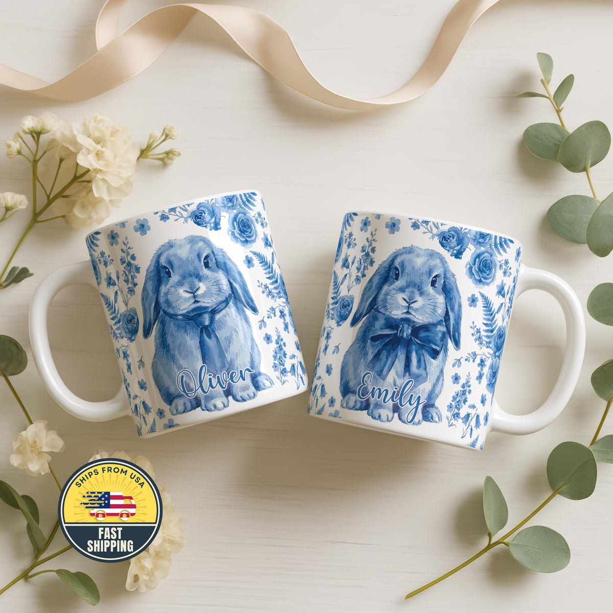 Personalized Bunny Name Mug, Personalized Cute Bunny Design Ceramic Coffee Cup