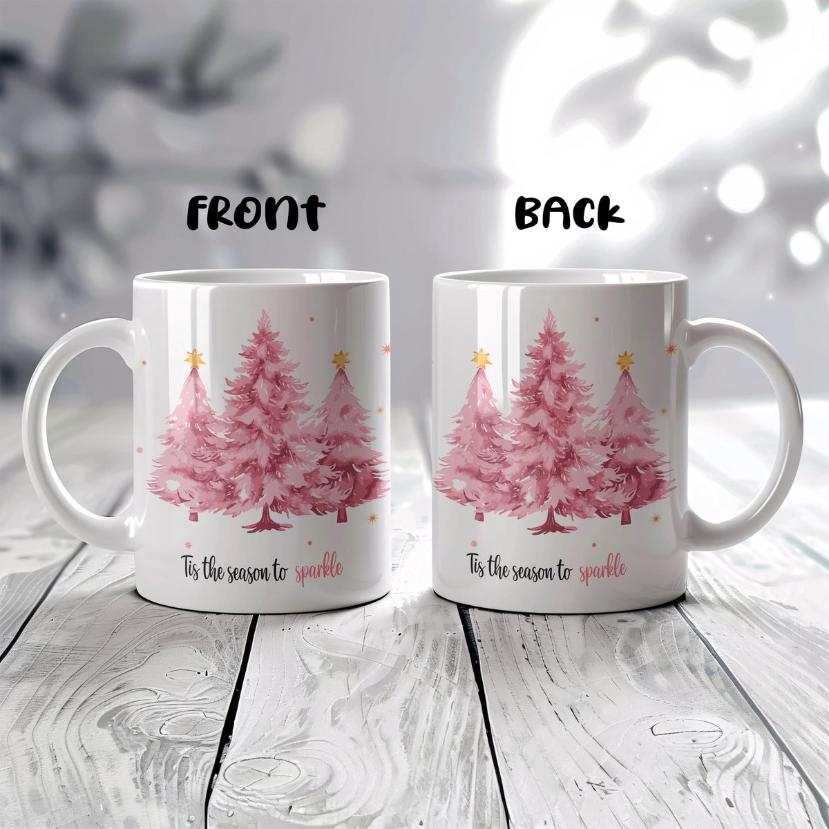 Season to Sparkle Mug, Pink Christmas Tree Coffee Cup, Watercolor Holiday Drinkware