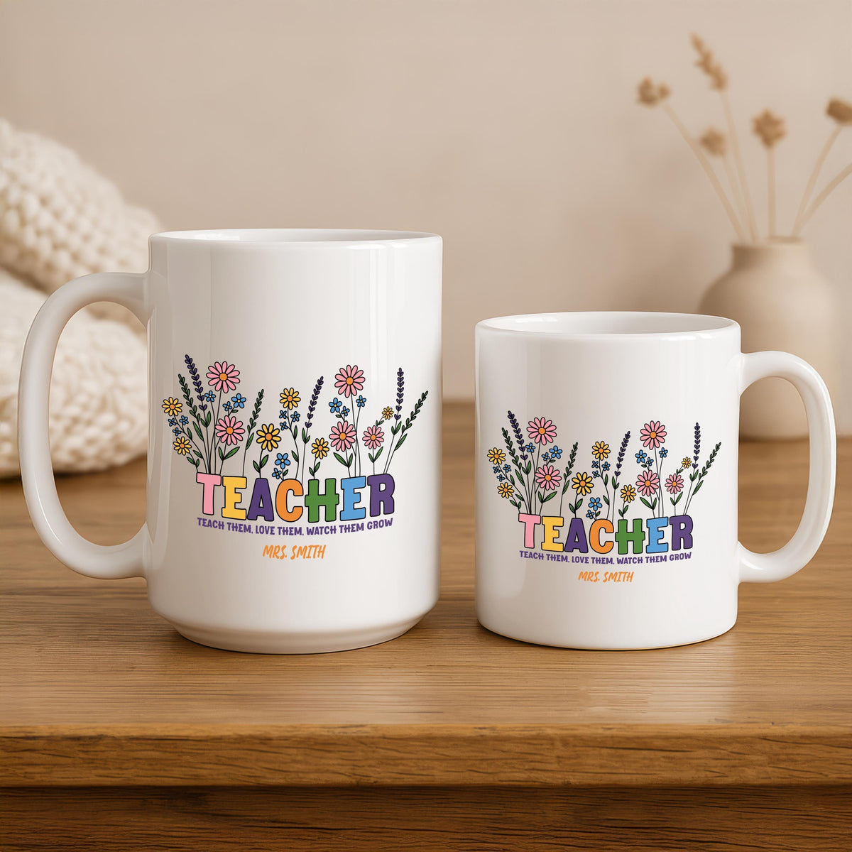 Personalized Teacher Mug, Colorful Floral Design Cups, Custom Name Teacher Appreciation Gift