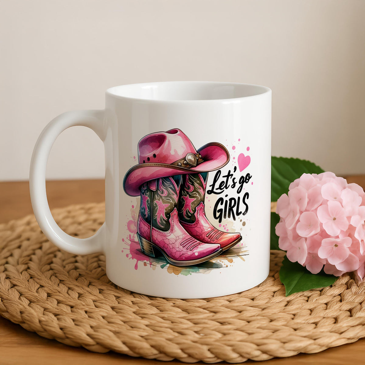 Let's Go Girls Coffee Mug, Pink Cowgirl Boots And Hat Design Ceramic Cup