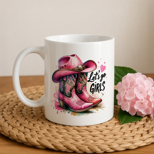 Let's Go Girls Coffee Mug, Pink Cowgirl Boots And Hat Design Ceramic Cup