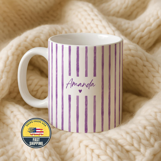 Personalized Name Striped Mug, Custom Name Coffee Mug, Custom Birthday Gift, Cute Tea Cup
