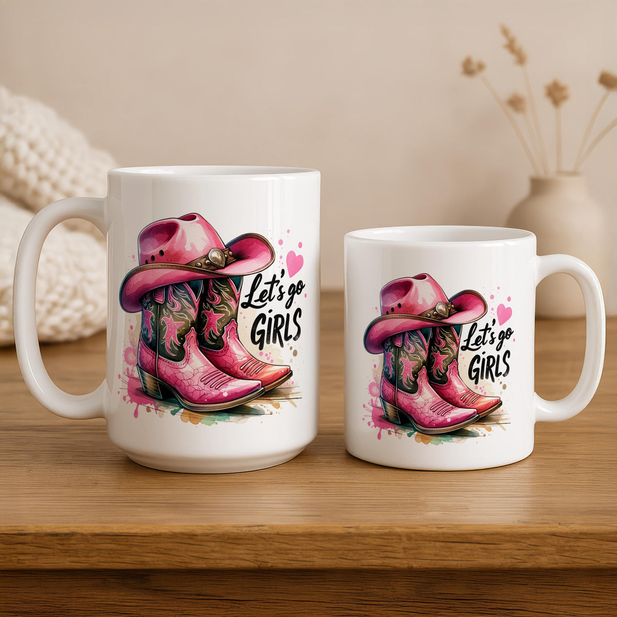 Let's Go Girls Coffee Mug, Pink Cowgirl Boots And Hat Design Ceramic Cup