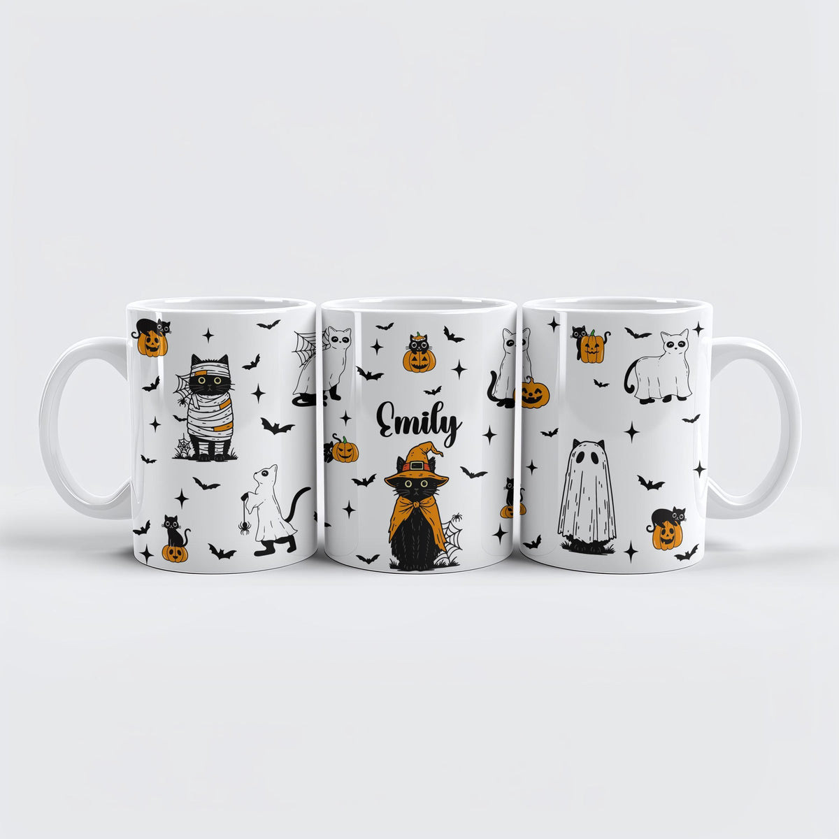 Custom Name Cute Cats Design Halloween Mug, Personalized Spooky Season Gift