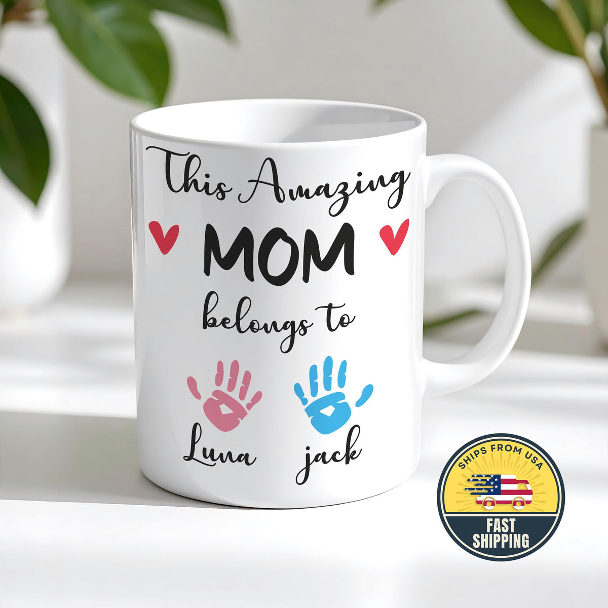 This Amazing Mom Belongs To Mug, Custom Mom Mug With Kids Names, Kids Handprints Mom Coffee Cup