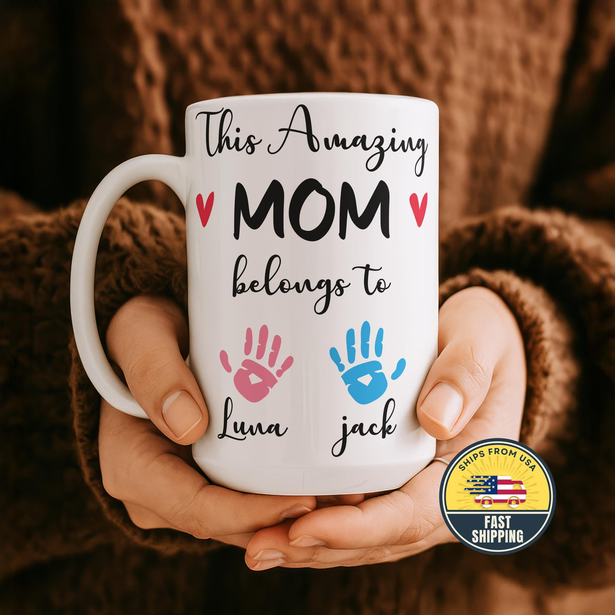 This Amazing Mom Belongs To Mug, Custom Mom Mug With Kids Names, Kids Handprints Mom Coffee Cup
