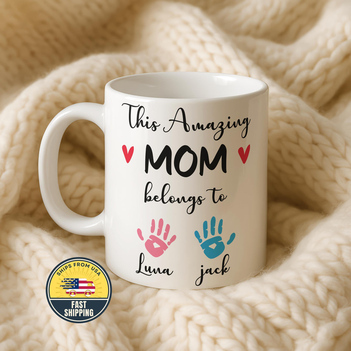 This Amazing Mom Belongs To Mug, Custom Mom Mug With Kids Names, Kids Handprints Mom Coffee Cup