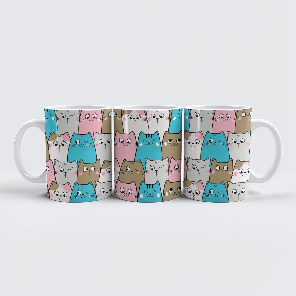 Cartoon Cats Pattern Ceramic Mug, Cute Kawaii Design Cat Lover Gift Coffee Mug
