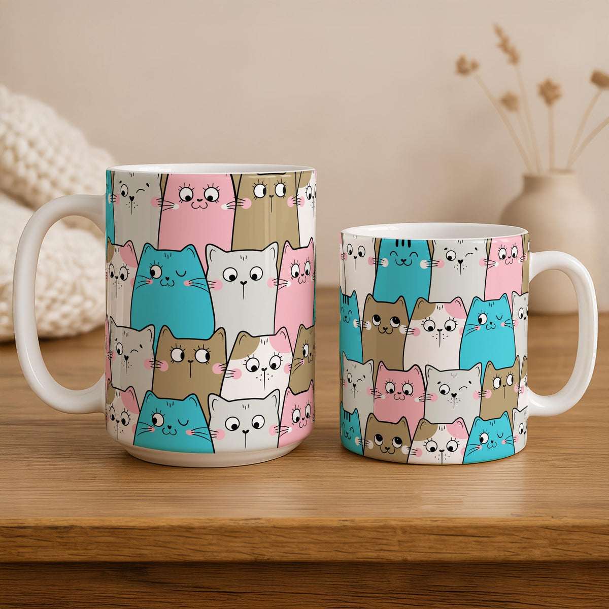 Cartoon Cats Pattern Ceramic Mug, Cute Kawaii Design Cat Lover Gift Coffee Mug