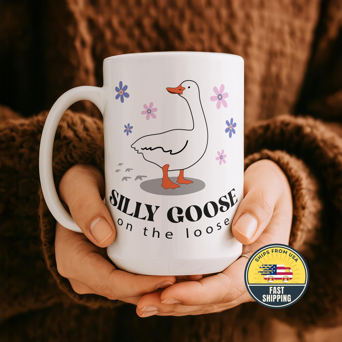 Goose On The Loose Mug, Cute Goose Illustration Ceramic Cup, Cute Animal Humor Gift
