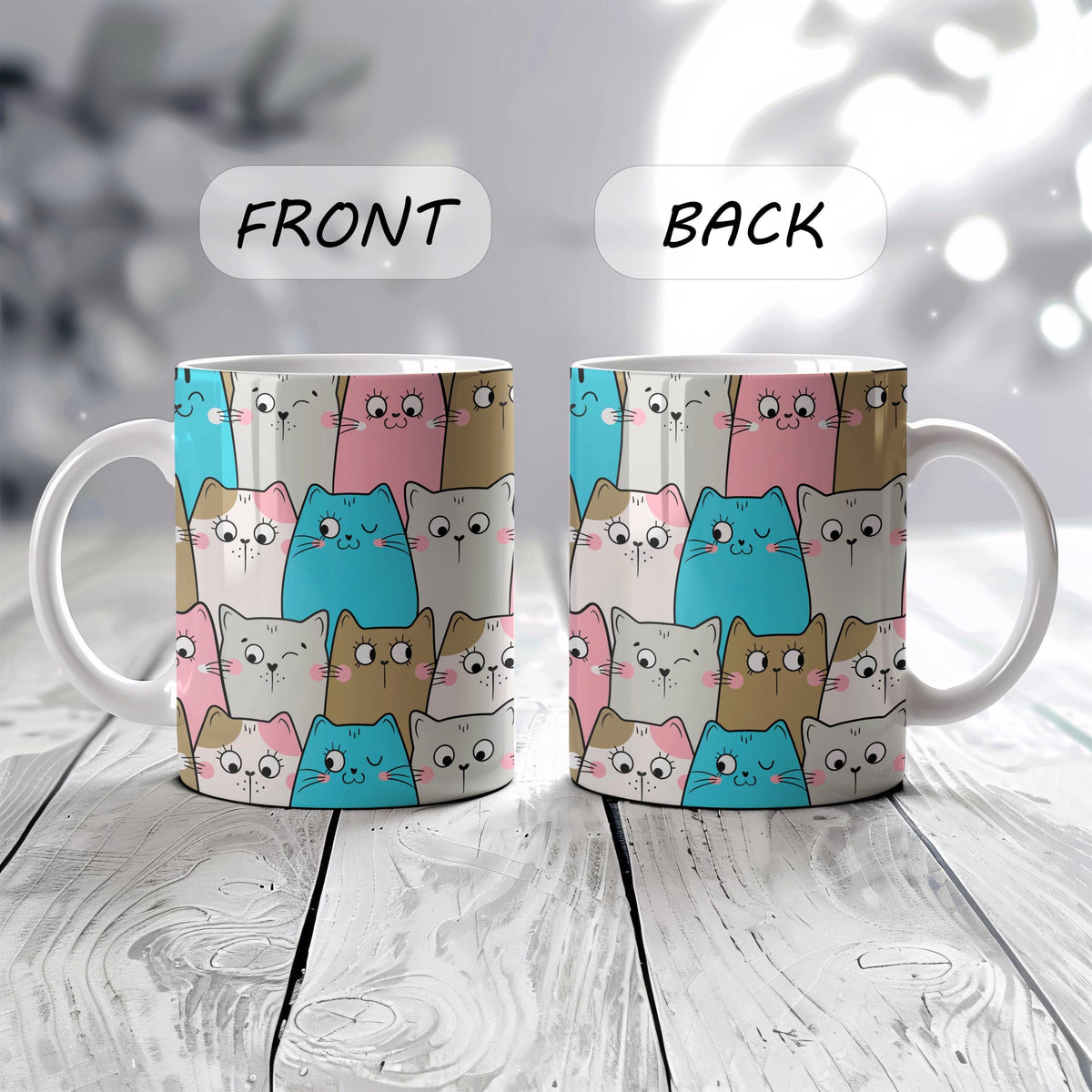Cartoon Cats Pattern Ceramic Mug, Cute Kawaii Design Cat Lover Gift Coffee Mug