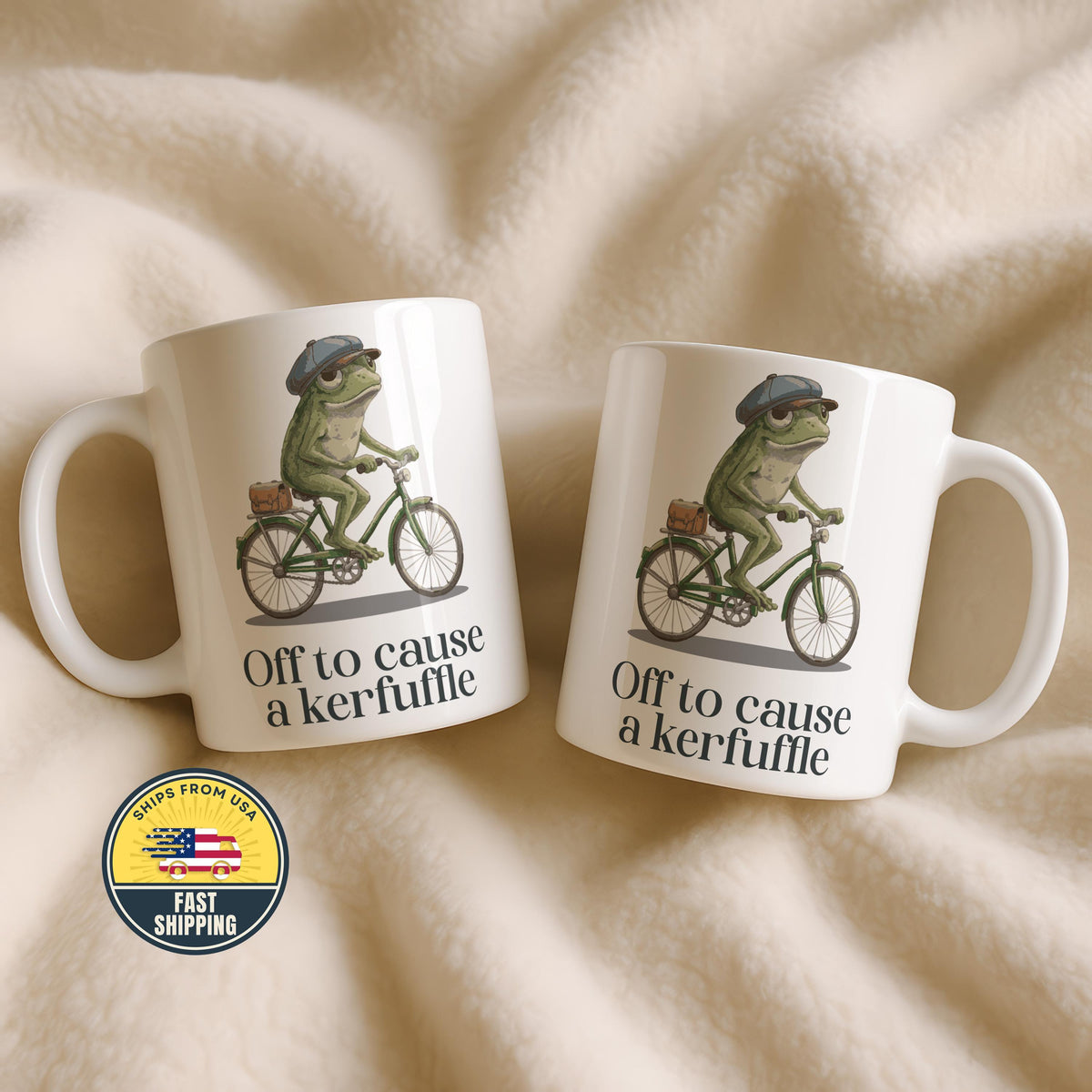 Off to Cause a Kerfuffle Frog Mug, Funny Frog Coffee Cup, Funny Animal on Bicycle Coffee Cup