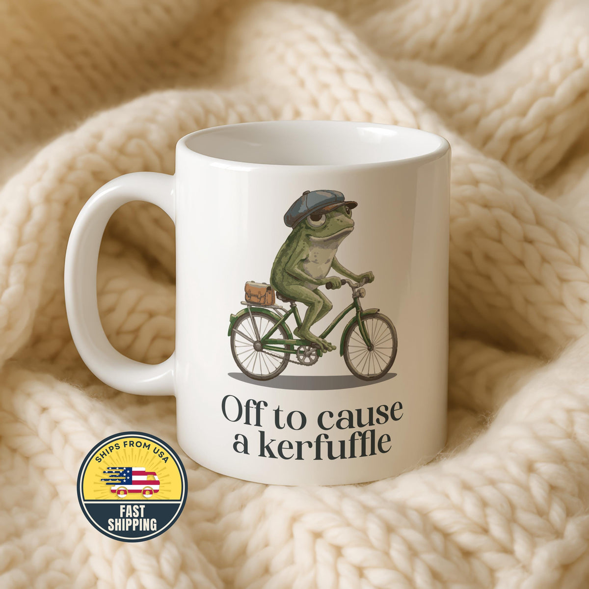 Off to Cause a Kerfuffle Frog Mug, Funny Frog Coffee Cup, Funny Animal on Bicycle Coffee Cup