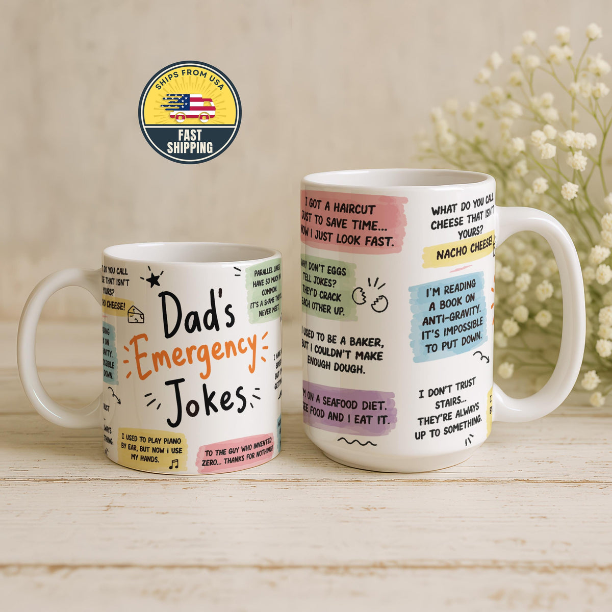Dad Emergency Jokes Mug, Funny Father Coffee Cup, Novelty Dad Gift for Fathers Day