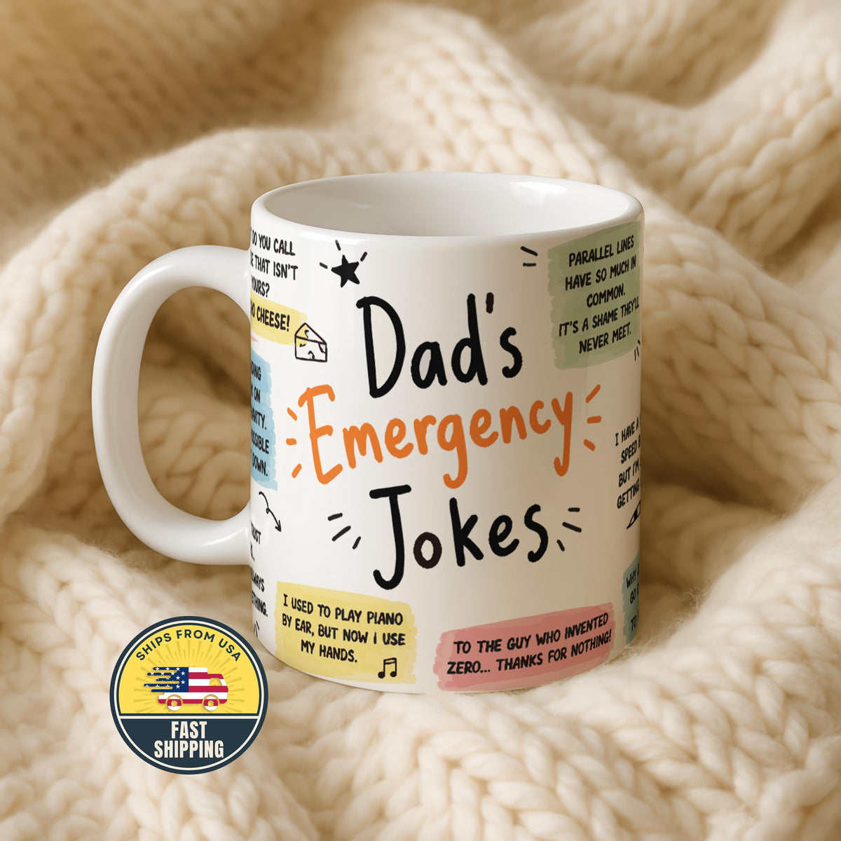 Dad Emergency Jokes Mug, Funny Father Coffee Cup, Novelty Dad Gift for Fathers Day
