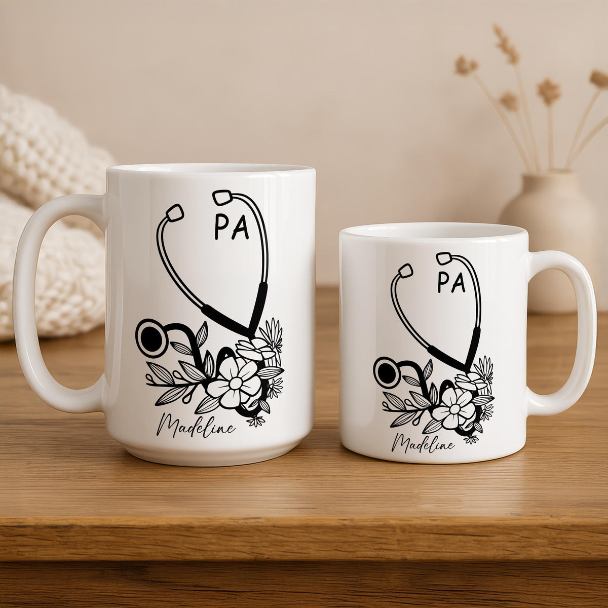 Personalized Floral PA Coffee Mug, Stethoscope Design Physician Assistant Gift