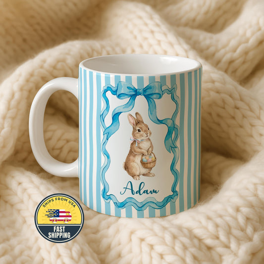 Personalized Easter Bunny Mug, Custom Blue Rabbit Design Coffee Mug, Custom Bunny Gift Mug