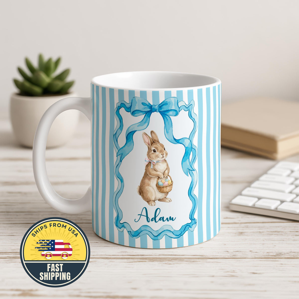 Personalized Easter Bunny Mug, Custom Blue Rabbit Design Coffee Mug, Custom Bunny Gift Mug