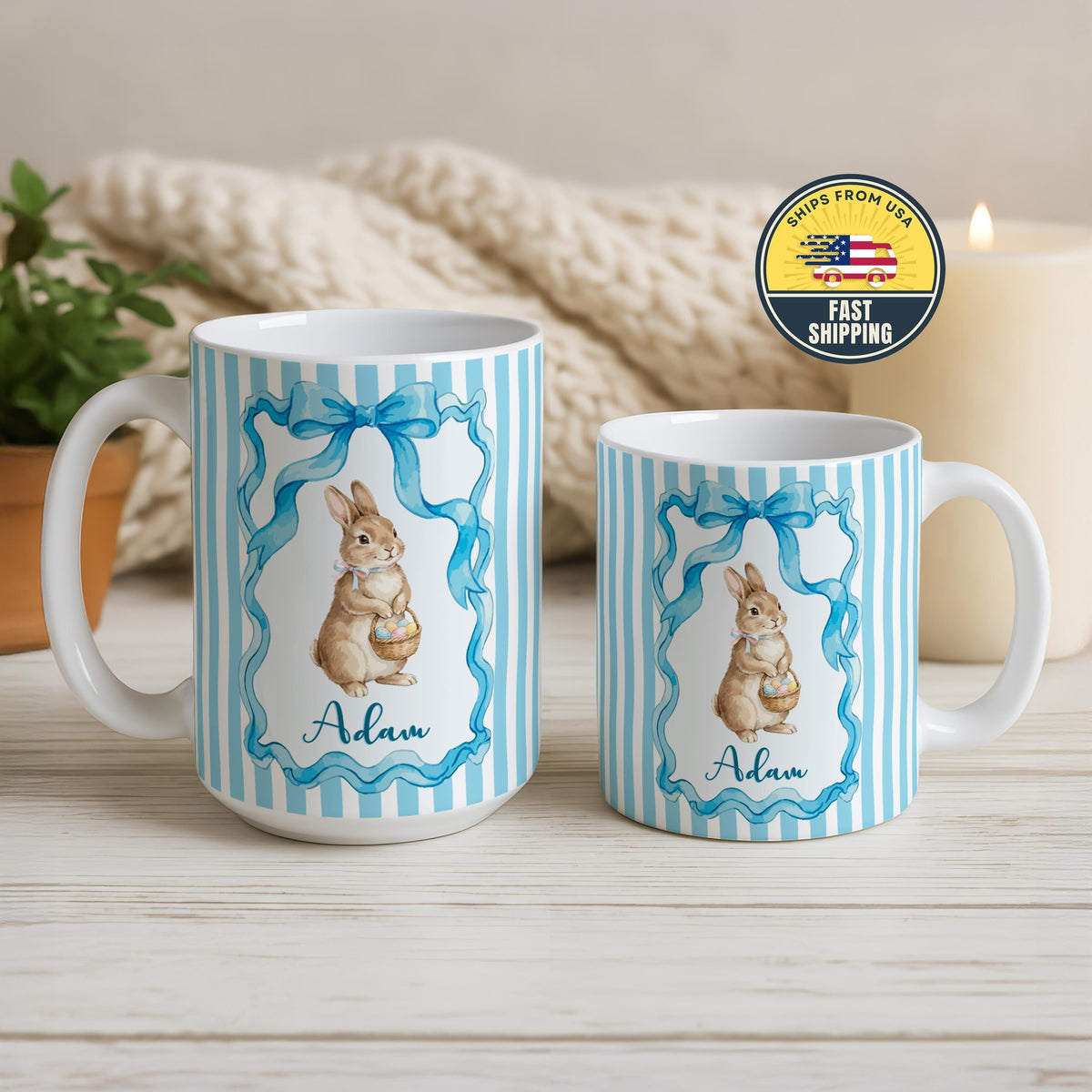 Personalized Easter Bunny Mug, Custom Blue Rabbit Design Coffee Mug, Custom Bunny Gift Mug