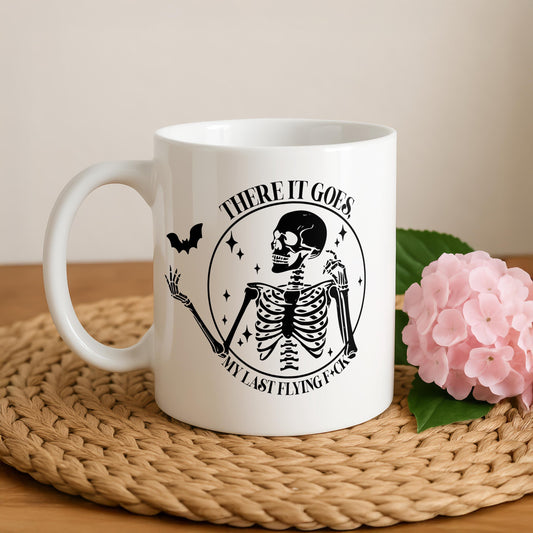 There It Goes My Last Flying F*ck Coffee Mug, Skeleton & Bat Design Halloween Gift