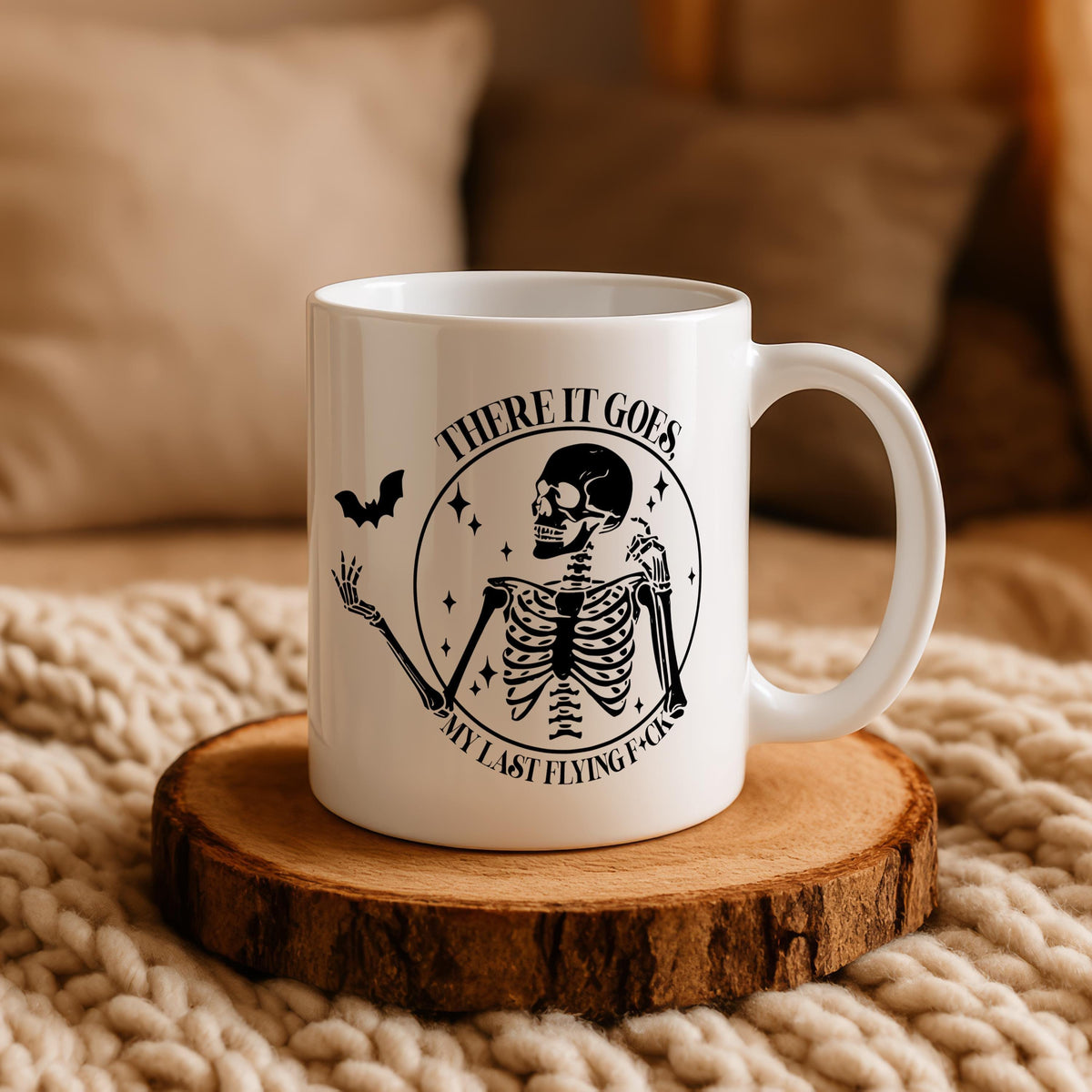 There It Goes My Last Flying F*ck Coffee Mug, Skeleton & Bat Design Halloween Gift