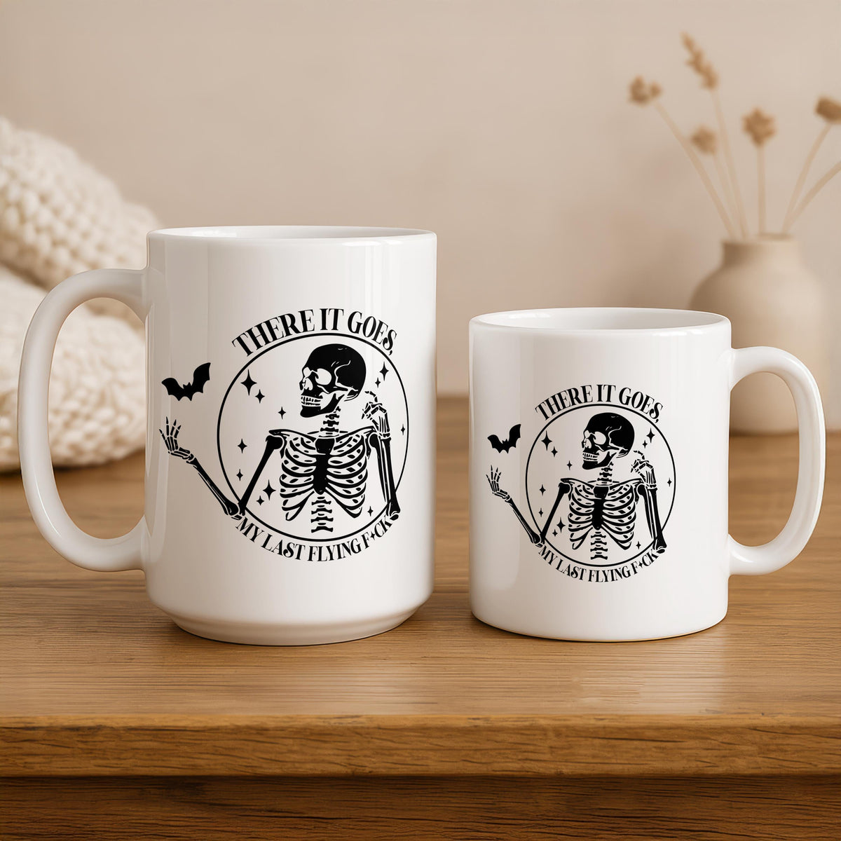 There It Goes My Last Flying F*ck Coffee Mug, Skeleton & Bat Design Halloween Gift