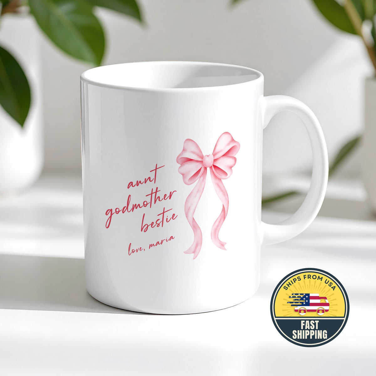 Custom Pink Bow Aunt Godmother Bestie Mug, Coquette Auntie Pottery Cup, Mother's Day Gift