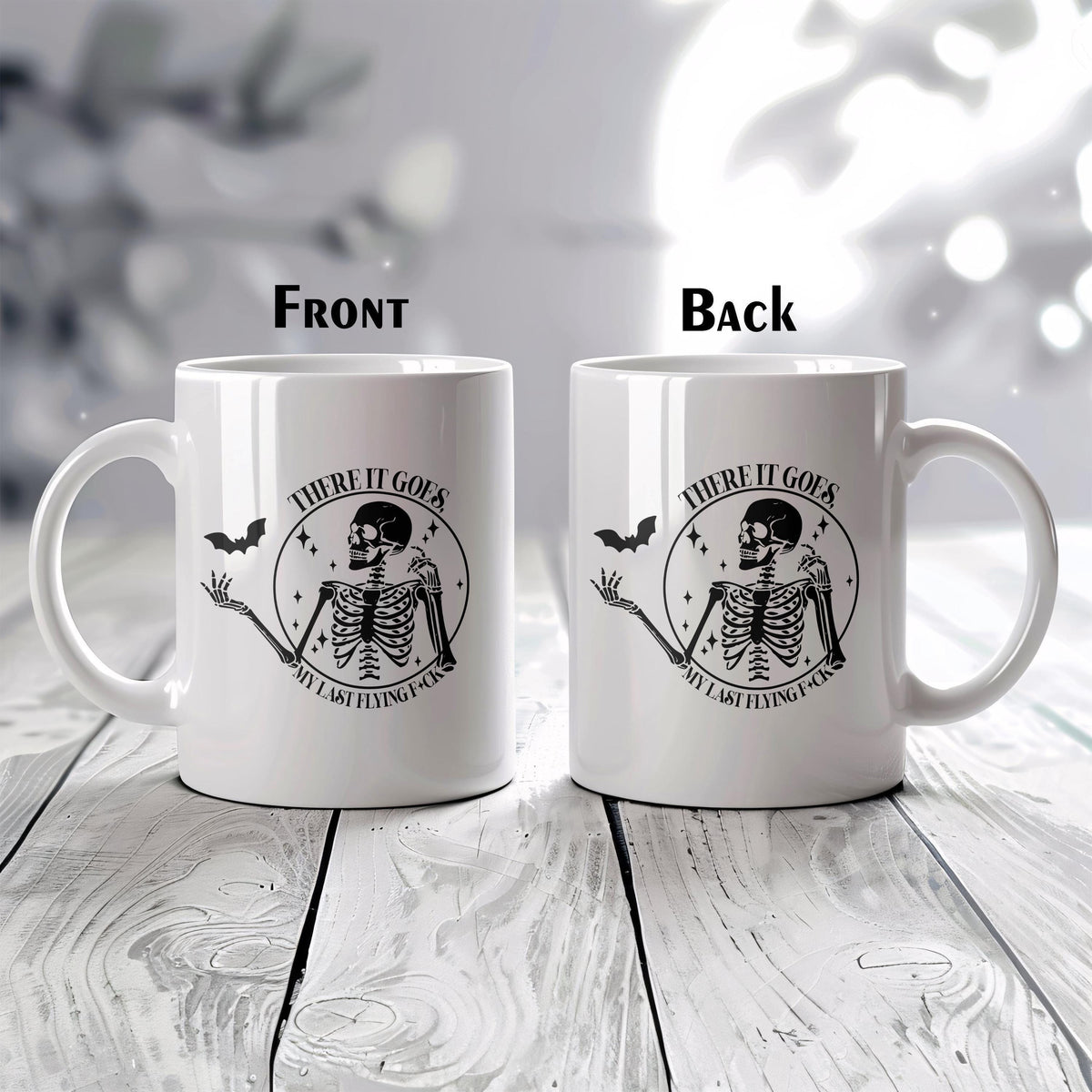 There It Goes My Last Flying F*ck Coffee Mug, Skeleton & Bat Design Halloween Gift