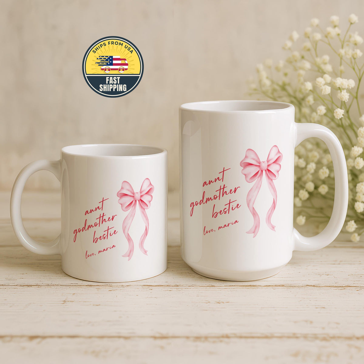 Custom Pink Bow Aunt Godmother Bestie Mug, Coquette Auntie Pottery Cup, Mother's Day Gift