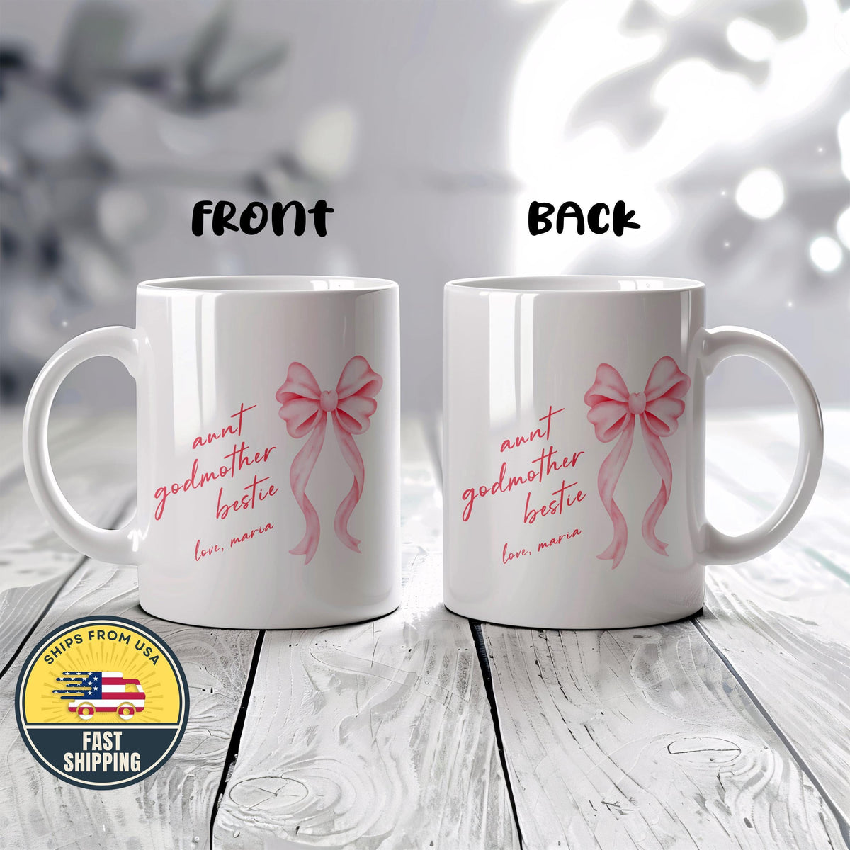 Custom Pink Bow Aunt Godmother Bestie Mug, Coquette Auntie Pottery Cup, Mother's Day Gift