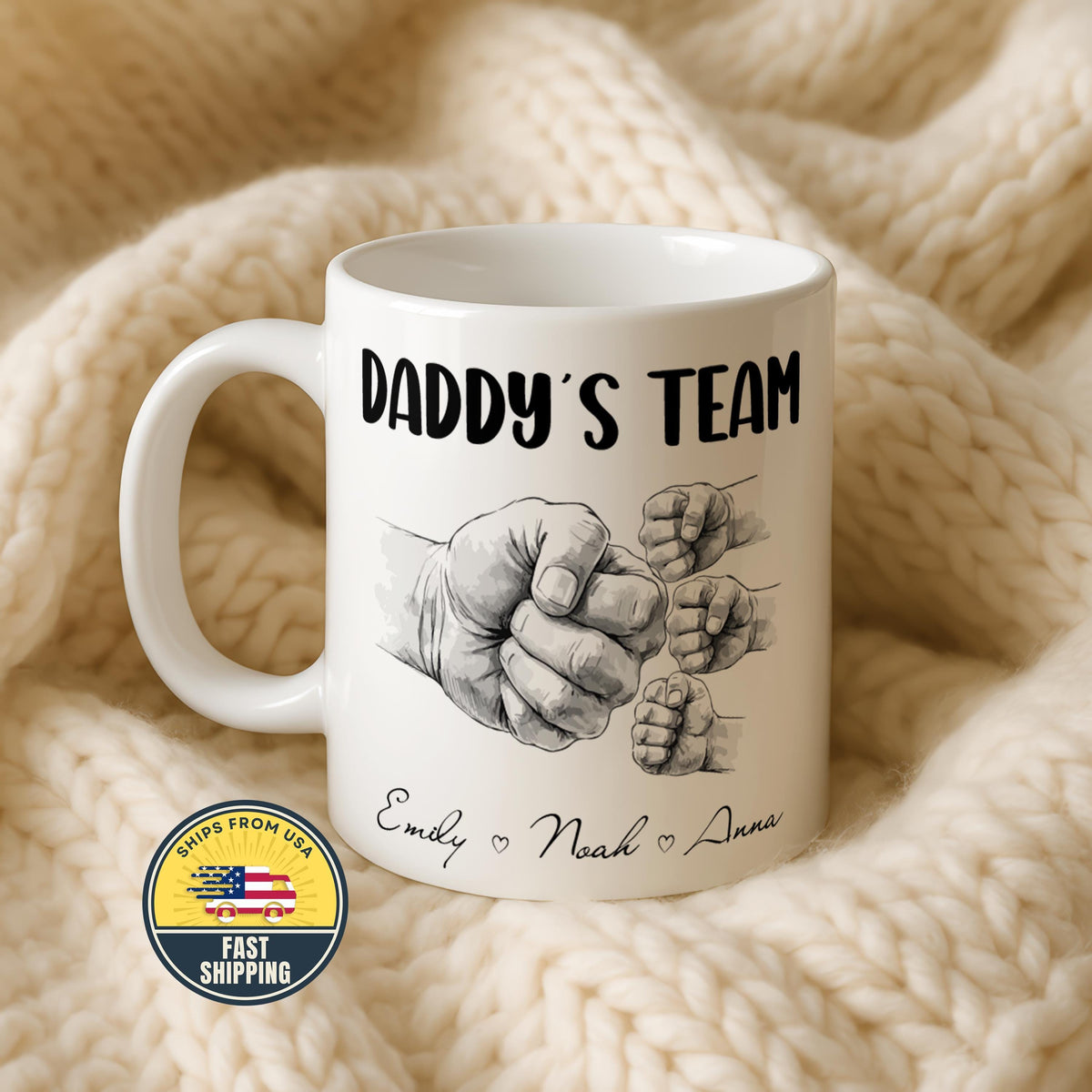 Personalized Daddy's Team Mug, Custom Dad Coffee Cup with Kids Names, Family Mug