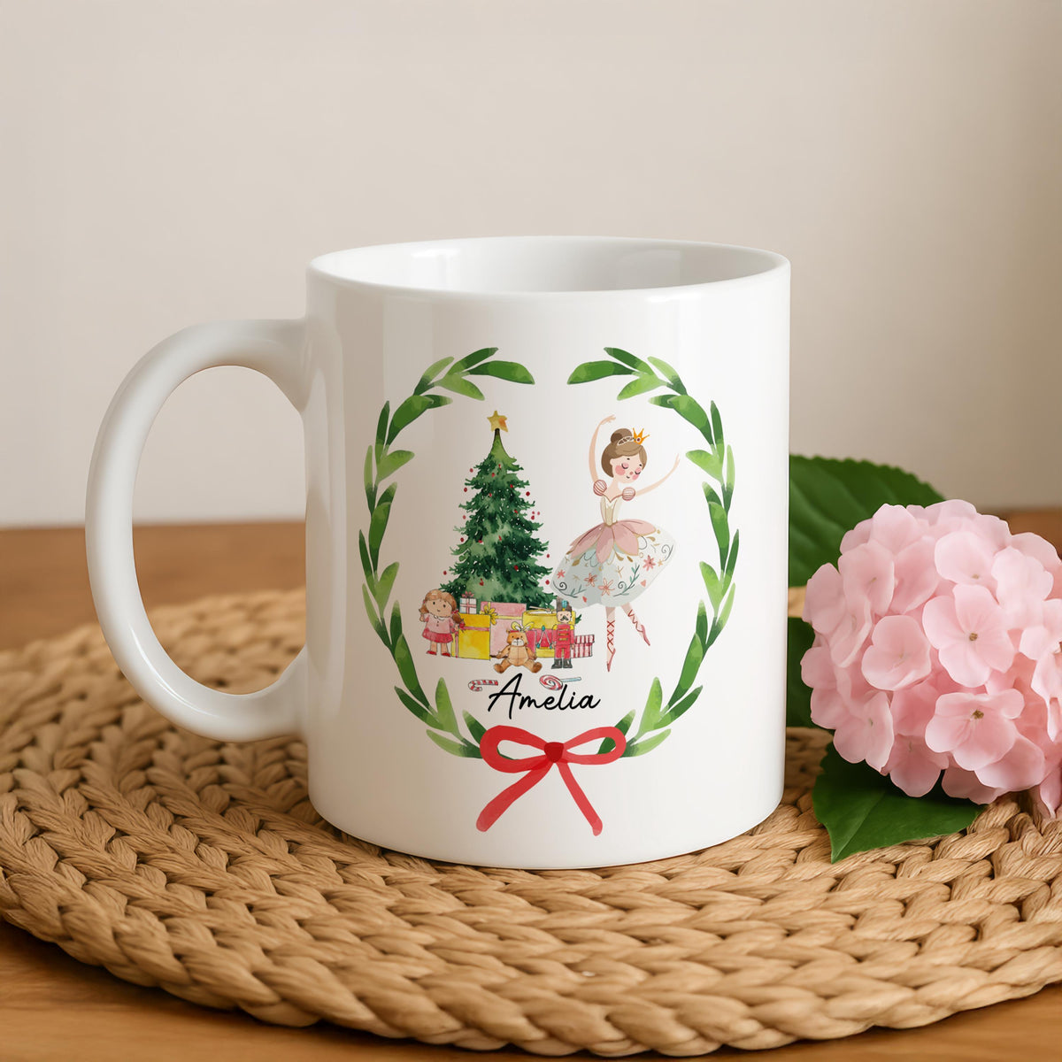 Personalized Ballerina Christmas Mug, Custom Name Dancer Gift, Nutcracker Ballet Cocoa Cup