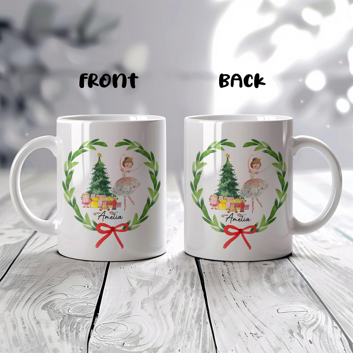 Personalized Ballerina Christmas Mug, Custom Name Dancer Gift, Nutcracker Ballet Cocoa Cup