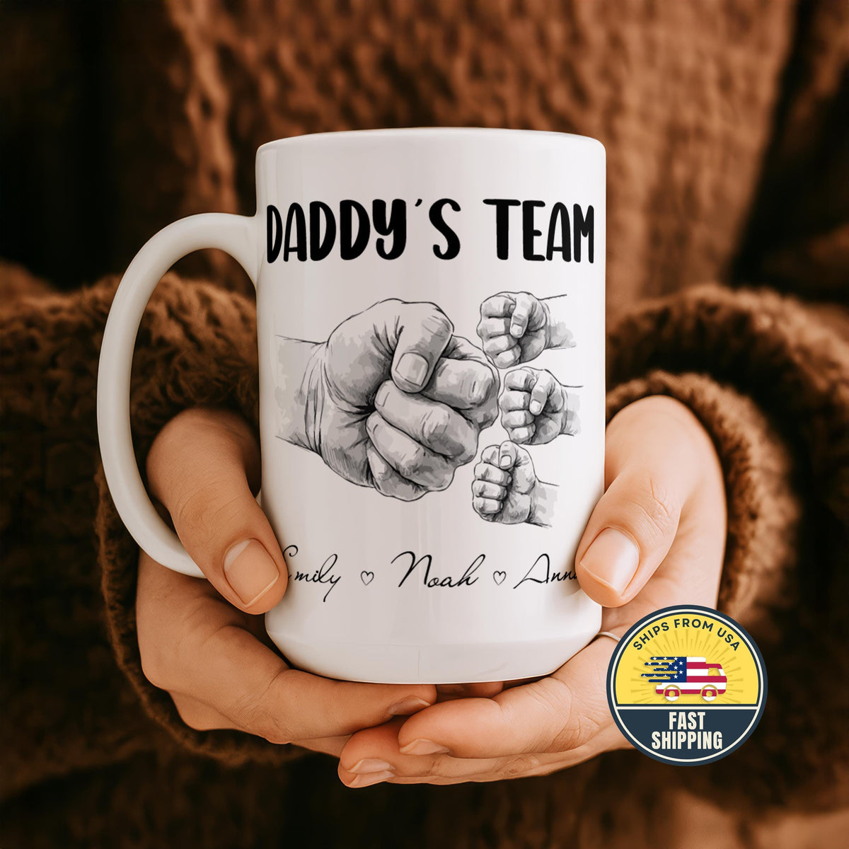 Personalized Daddy's Team Mug, Custom Dad Coffee Cup with Kids Names, Family Mug