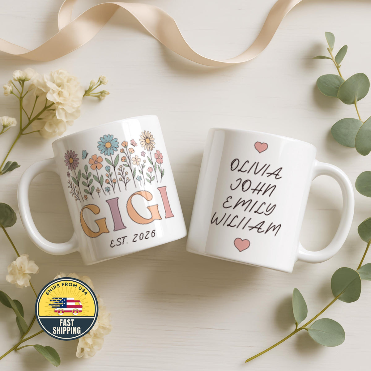 Personalized Gigi Mug, Custom Gigi Floral Coffee Cup, Custom Grandkids Names Mug