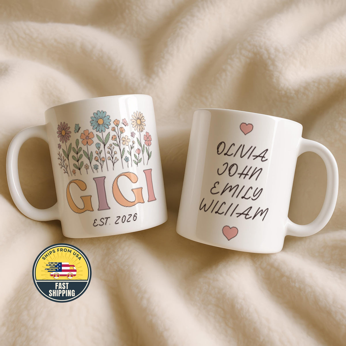 Personalized Gigi Mug, Custom Gigi Floral Coffee Cup, Custom Grandkids Names Mug