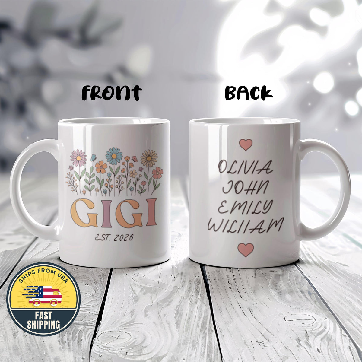 Personalized Gigi Mug, Custom Gigi Floral Coffee Cup, Custom Grandkids Names Mug