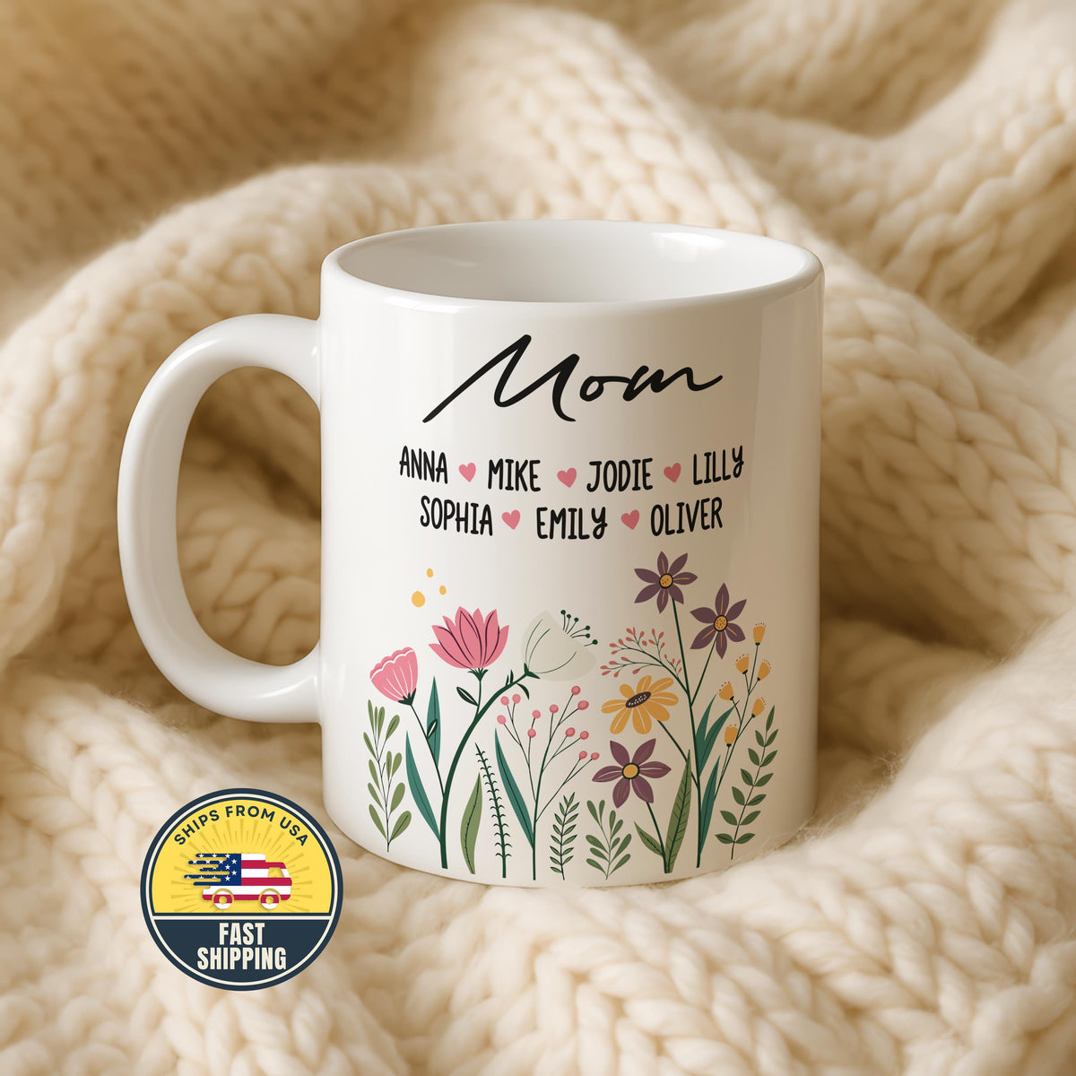 Custom Mom Flower Mug, Personalized Mama Floral Mug