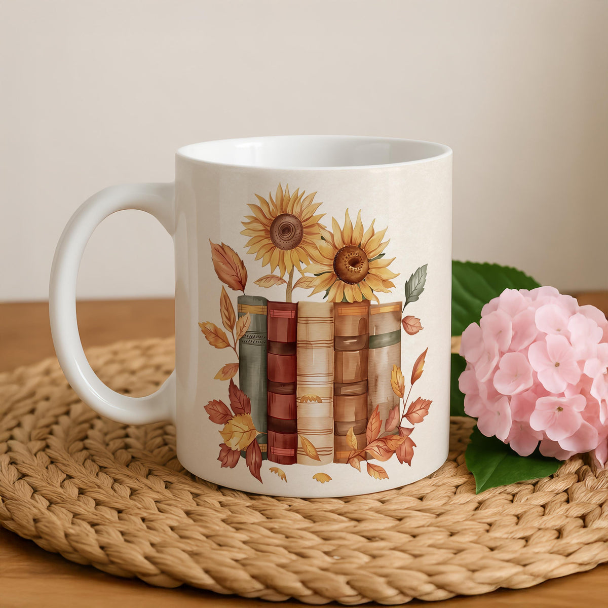 Bookish Coffee Mug With Sunflowers, Floral Book Enthusiast Gift Ceramic Cup