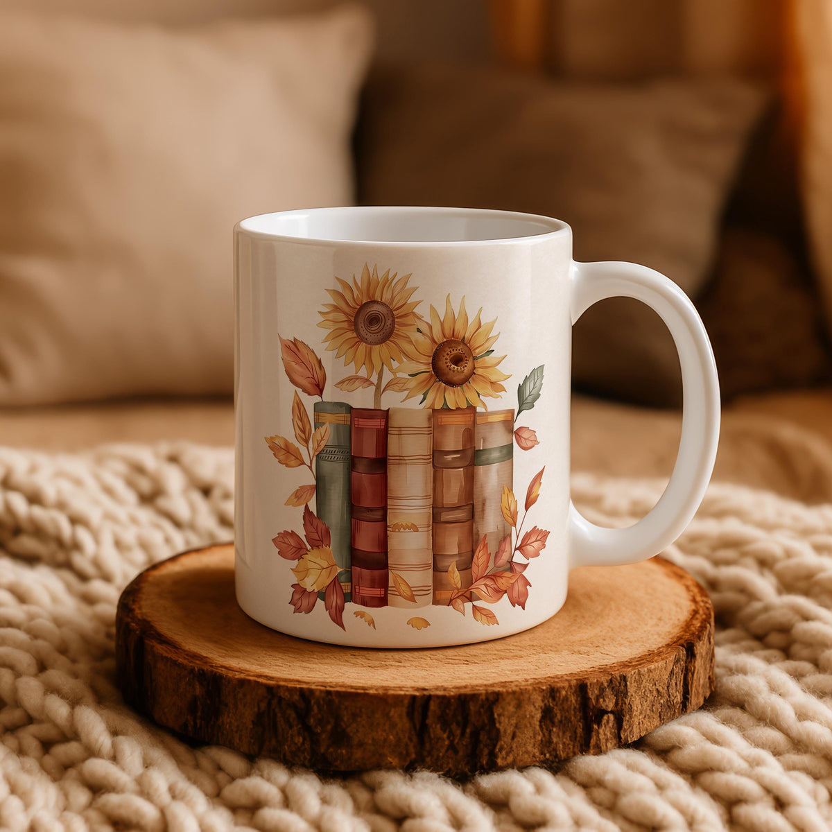 Bookish Coffee Mug With Sunflowers, Floral Book Enthusiast Gift Ceramic Cup